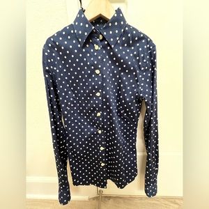 Banana Republic Non-Iron Fitted Dress Shirt Button Down Navy Polkadot 0